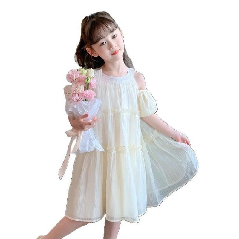 Girls Mesh Princess Dress Stylish Puff Sleeve Solid Color Kids