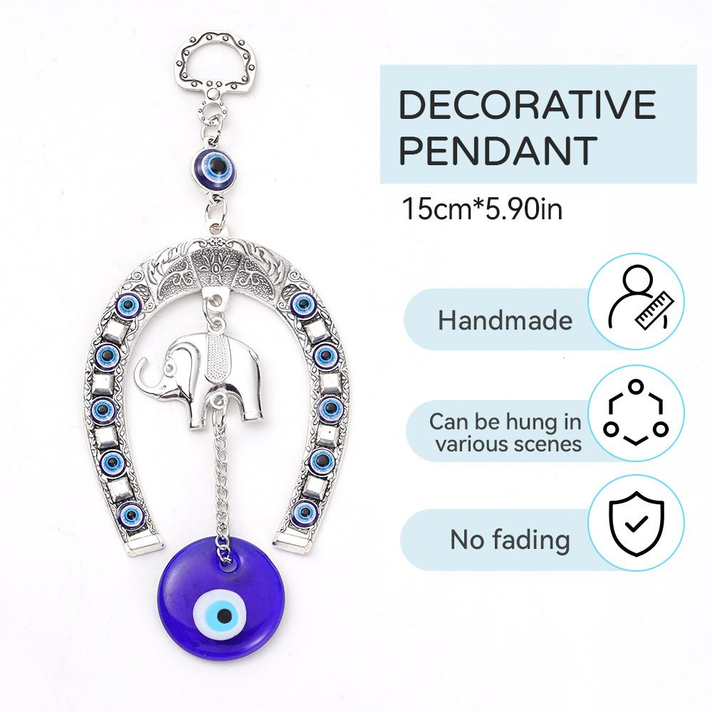 Turkish Blue Glass Eye Amulet Horseshoe With Elephant Ribbon Ethnic Wall Hanging Lucky Pendants Wind Chimes Home Car Decoration