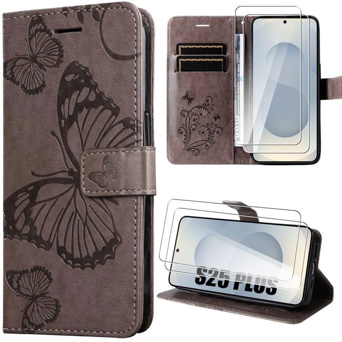 Protective Case - BOOLING - for Samsung Galaxy S25 Plus - Brown Synthetic Leather - Butterfly Pattern - 2 Tempered Glass