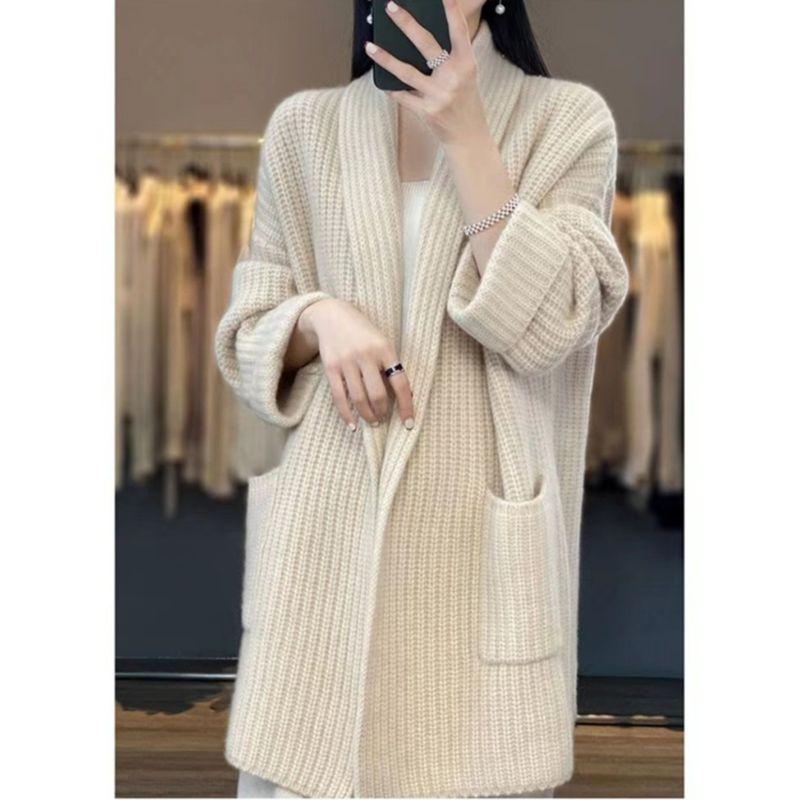 K-style Autumn and Winter Lazy Style Fashion Loose Temperament Mid Length Long Length Casual Knitting Cardigan Sweater Outwear Sweater