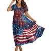 Women Short Sleeve V Neck Maxi Dress with Star and Stripe Print Loose Fit Flowy Casual Long Dress for Summer Spring