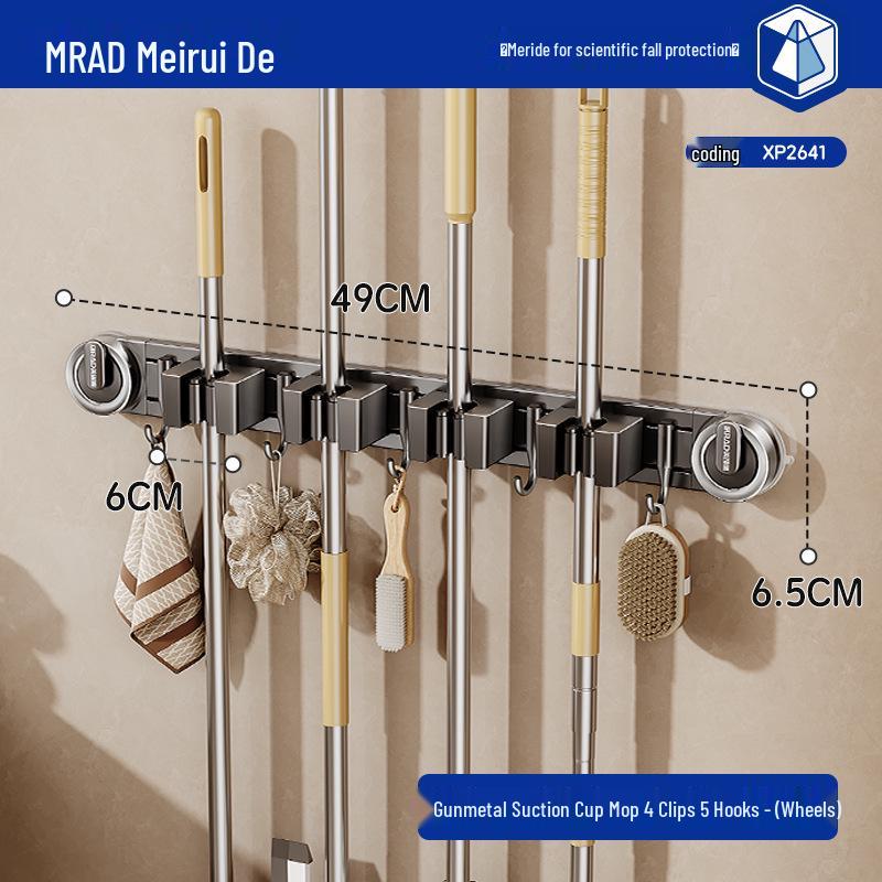 Movable Suction Cup Mop Clip Wall-Mount Storage Rack