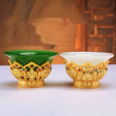 Zlatá tibetská miska na ghí Slitina zinku Tantrický pohár na svěcenou vodu 8,5 cm Vyrytá buddhistická miska ze zeleného kamene Dárek Stolní dekorace
