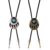 Turquoises Inlay Bolo Tie With Bear Claw Alloy Accents For Western Outfits Adjustable Leather Cord Necktie Necklace
