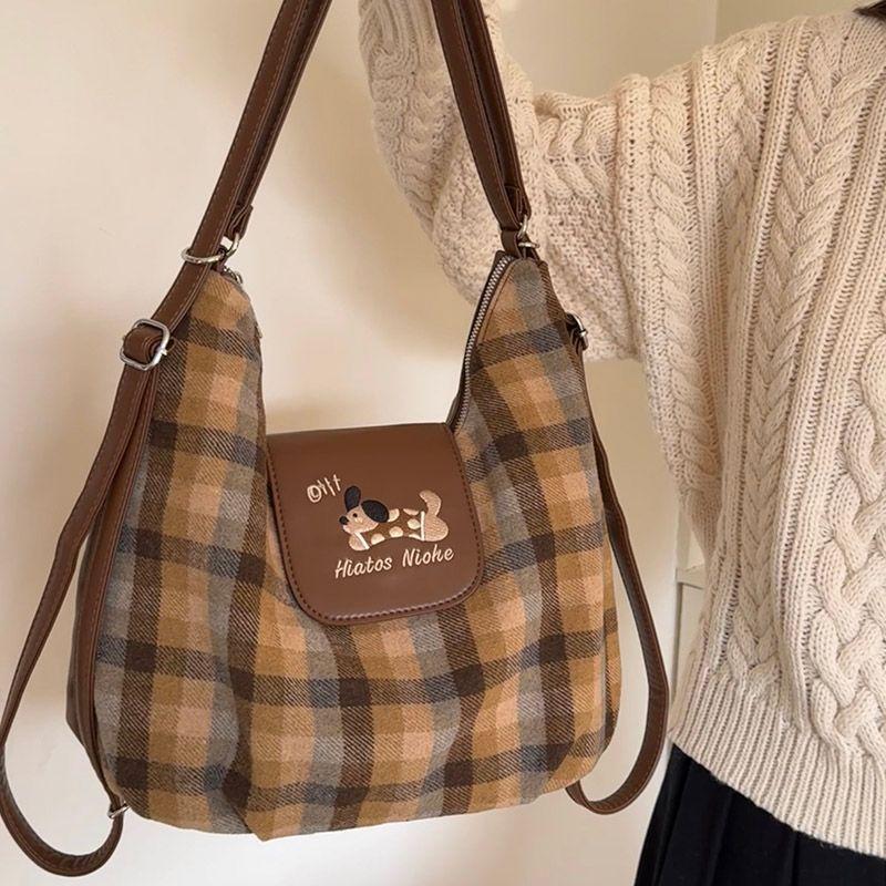 

Bag Fall and Winter Cute Sausage Dog Plaid Large Capacity Backpack Korean Style Casual Preppy Style Shoulder Messenger Bag Wave Dot Dog