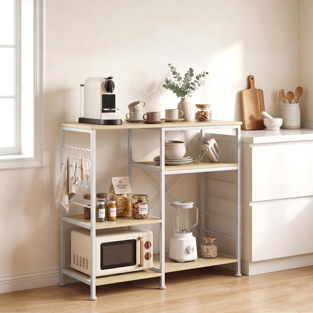 Kitchen Shelf with Wood and Metal Shelves with 5 Hooks, Space-Saving, 90x39x83.5 cm, Oak