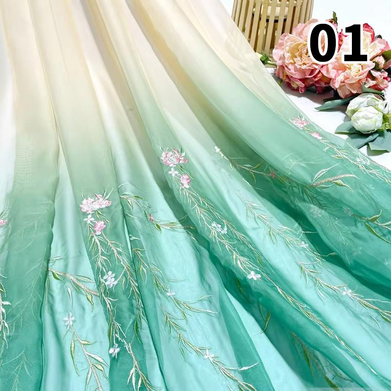 1M Chinese Ancient Style Embroidered Willow Leaf Fabric For Diy Sewing Hanfu Guofeng Dress Peony Embroidery Designer Fabric