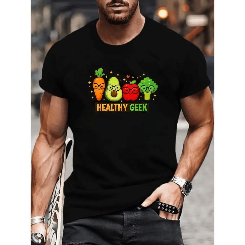 

European sizes Cartoon Fruit and Vegetable Prints | Lightweight Round-Neck Short-Sleeved Shirts, Crew Neck Tops 4XL чорний