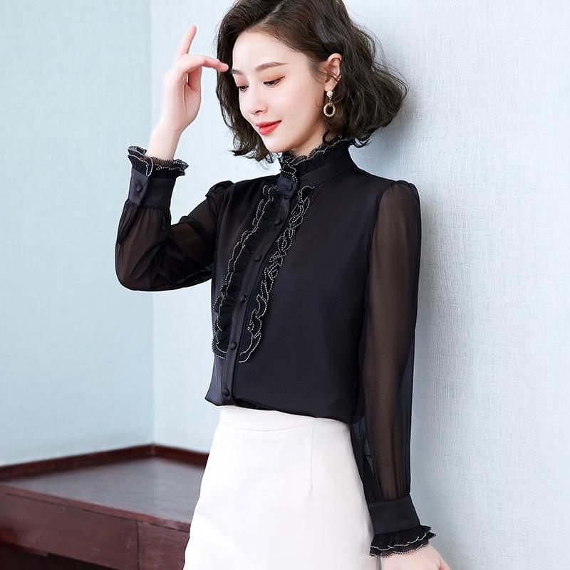 Women's Ruffled Chiffon Long Sleeve Shirt - Spring/Autumn Western Style Top