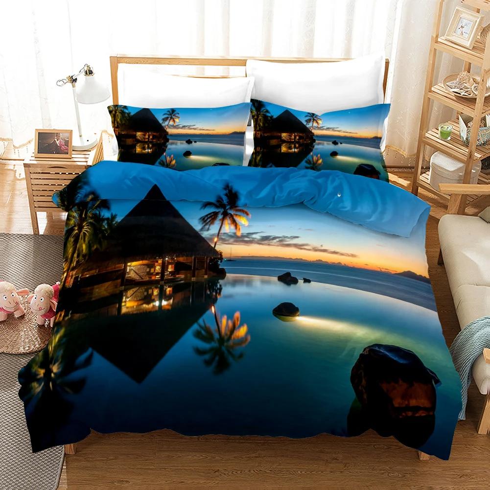 Beach Duvet Cover Set Polyester Tropical Island With The Palm Tree And Sea Beach Nature Theme Double Queen King Size Quilt Cover