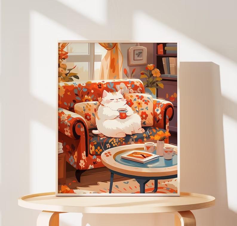 

Скандинавські Милі Коти П ють Каву Принти Тварини Пейзаж Плакат для Дитячої Кімнати Полотно Картина Різдвяний Подарунок Картинки Домашнього Декору 30x40cm No Framed