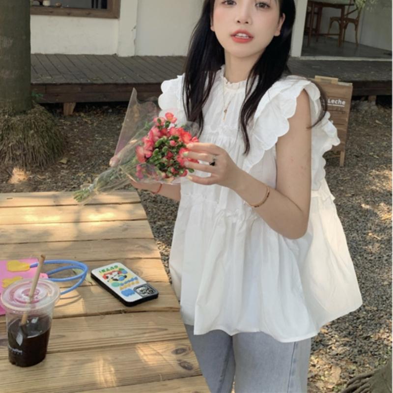Splicing Ruffled White Shirt with Women's Summer Pleated Design Flying Sleeve Shirt Loose Top