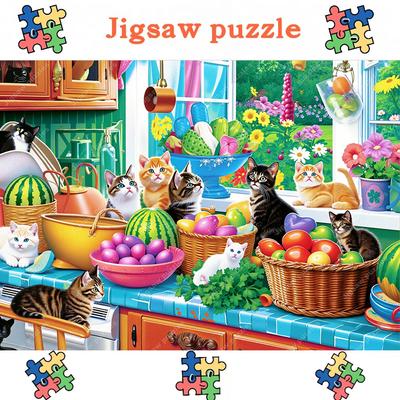 1000/2000/1314/520pcs Jigsaw Puzzle for Adults - Large Cat & Kitchen Scene with Tabby/Tortoiseshell Cats, Puzzle Pieces To Wal