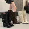 2025 Autumn and Winter New Trouser Boots Thick Heel Rivet Belt Buckle But Knee Boots Pointed High Boots Women