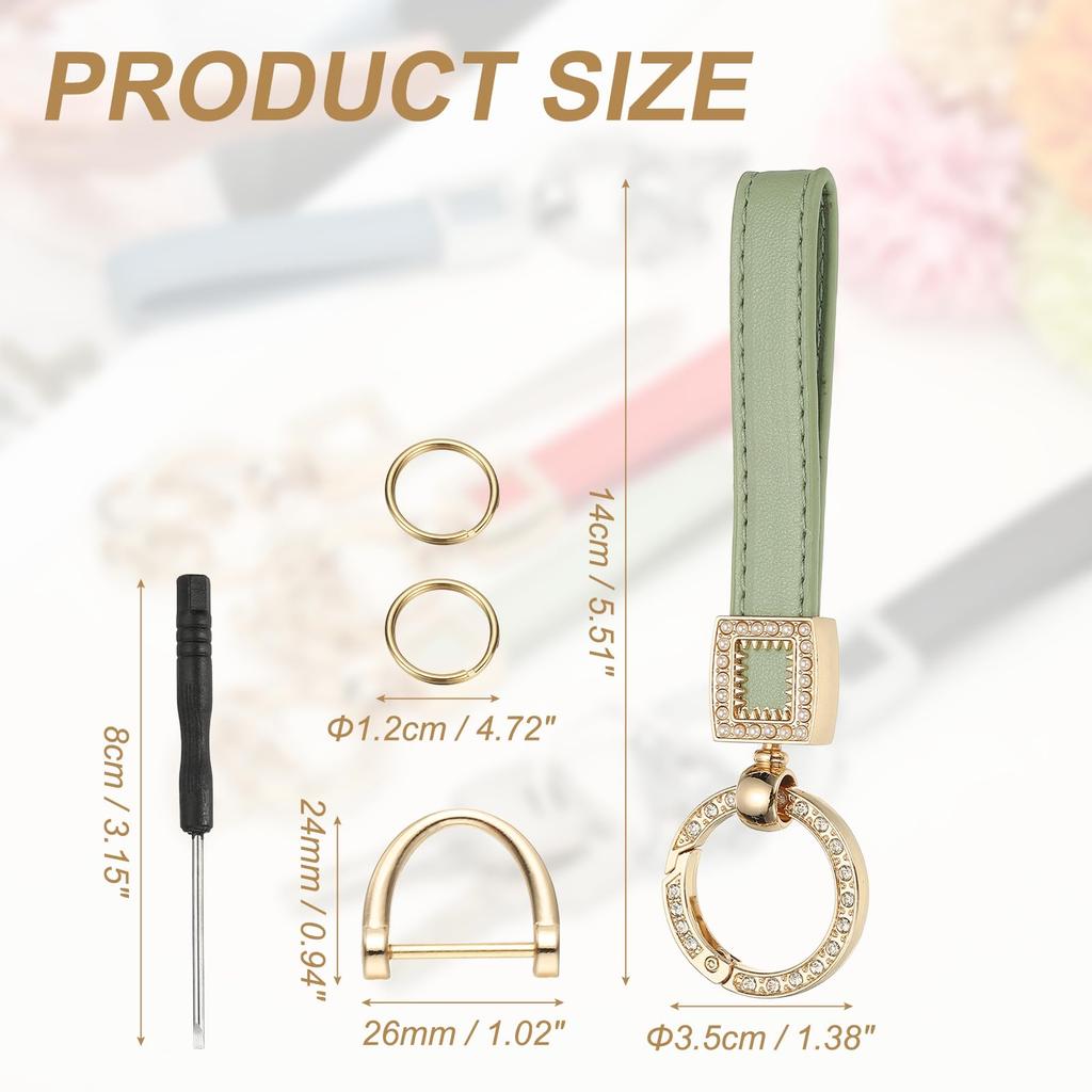 uxcell Leather Wristlet Keychain with Gold Car Keychain Holder for Men and Green Keyring, Anti-Loss D-Ring Women,