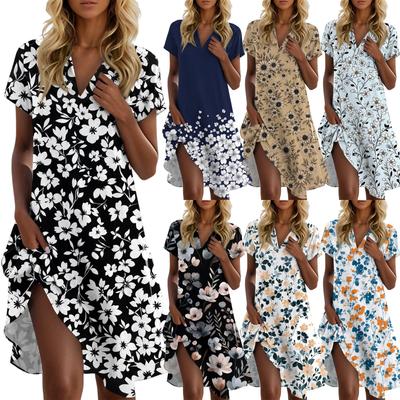 Damen Freizeitmode Revers Blumenmuster Kleid Kurzarm V-Ausschnitt Kurzer Rock