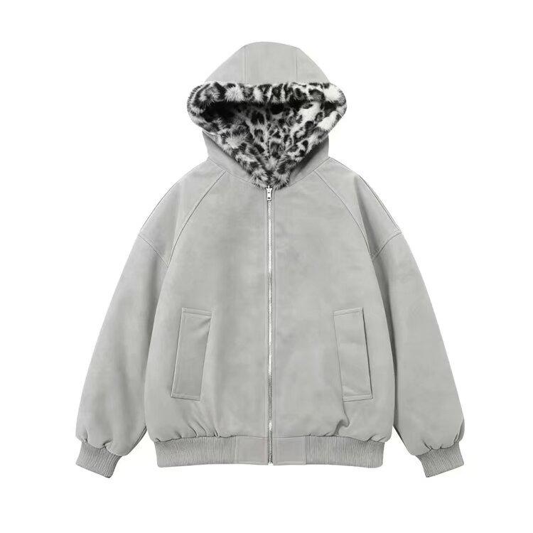 Men's Double-Sided Hooded Leopard Print Cotton Jacket with PU Leather, Thickened and Warm for Winter