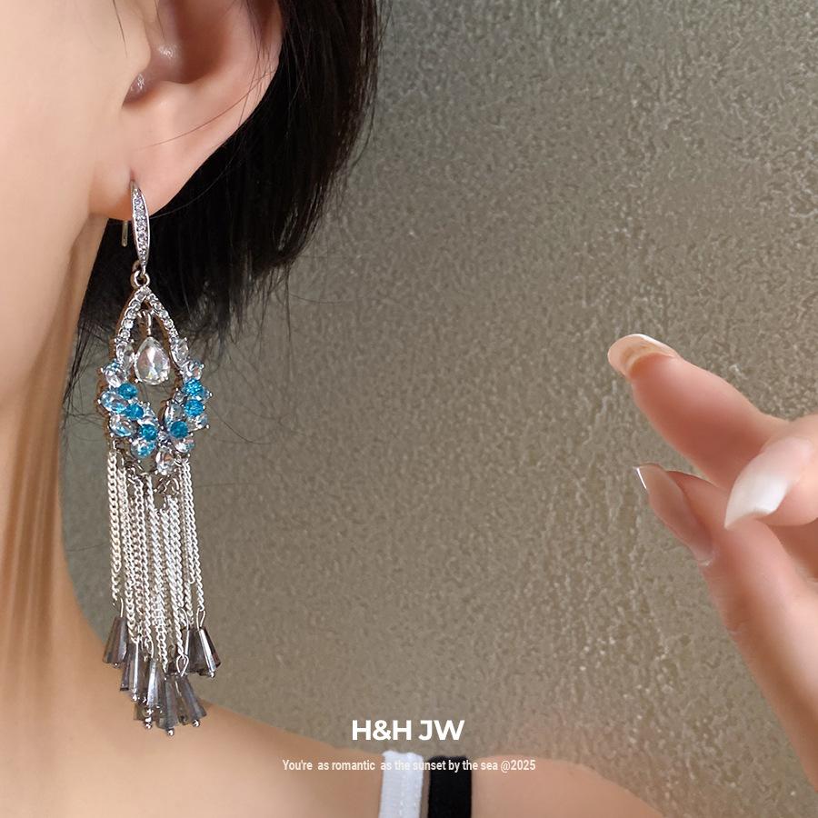 Diamond glass flower fringed ear hook retro ethnic style earrings versatile fashion Guochao earrings design sense niche