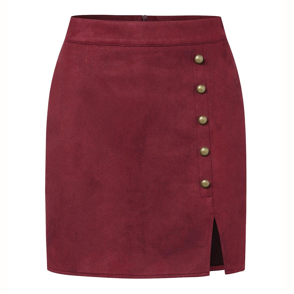 Women's Solid Color Suede Skirt High Waisted Metal Buckle Wrapped Hip Short Skirt Mini Skirt