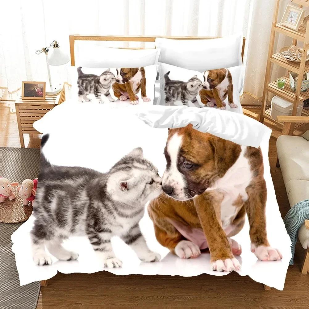 3D Dog And Cat Comfortable Duvet Quilt Cover Pillowcase Bedding Set Children Bedroom Decoration Home Textile