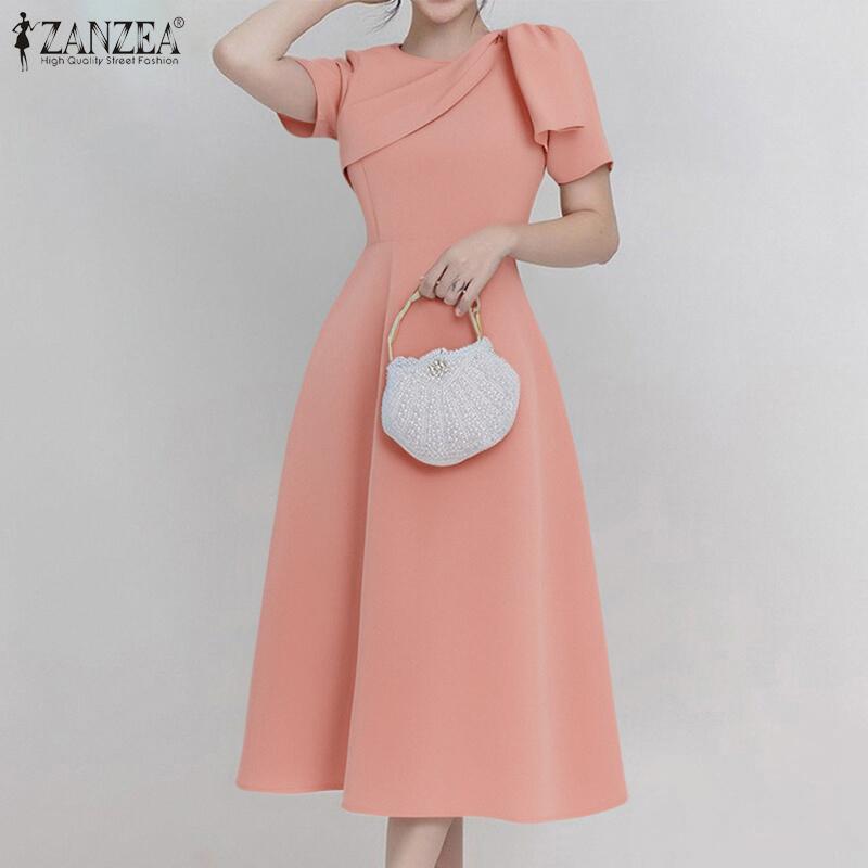 ZANZEA Women Casual Round Neck Summer Short Sleeve A-line Dress