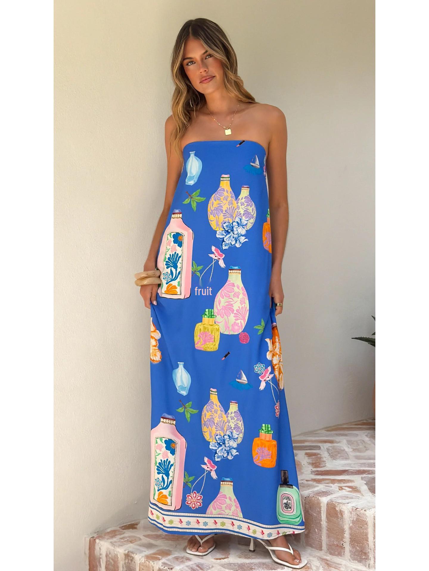 2025 Европейское льняное повседневное праздничное платье без бретелек S синий