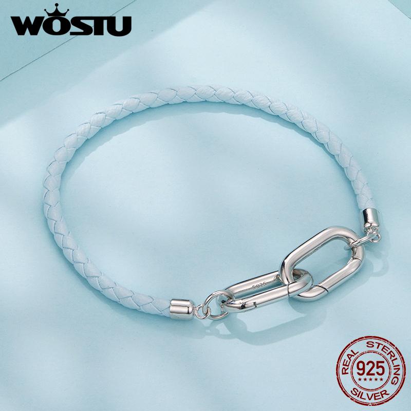 WOSTU DIY 925 Sterling Silver Leather Bracelet Light Blue Braided Rope with Interlocking Clasps Fit For Charms Bead for Women