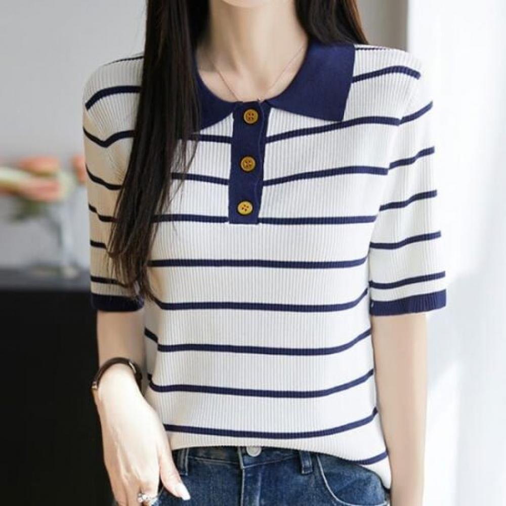 Navava Women Ribbed Striped Collar Short Sleeve Knit Top Nk2941