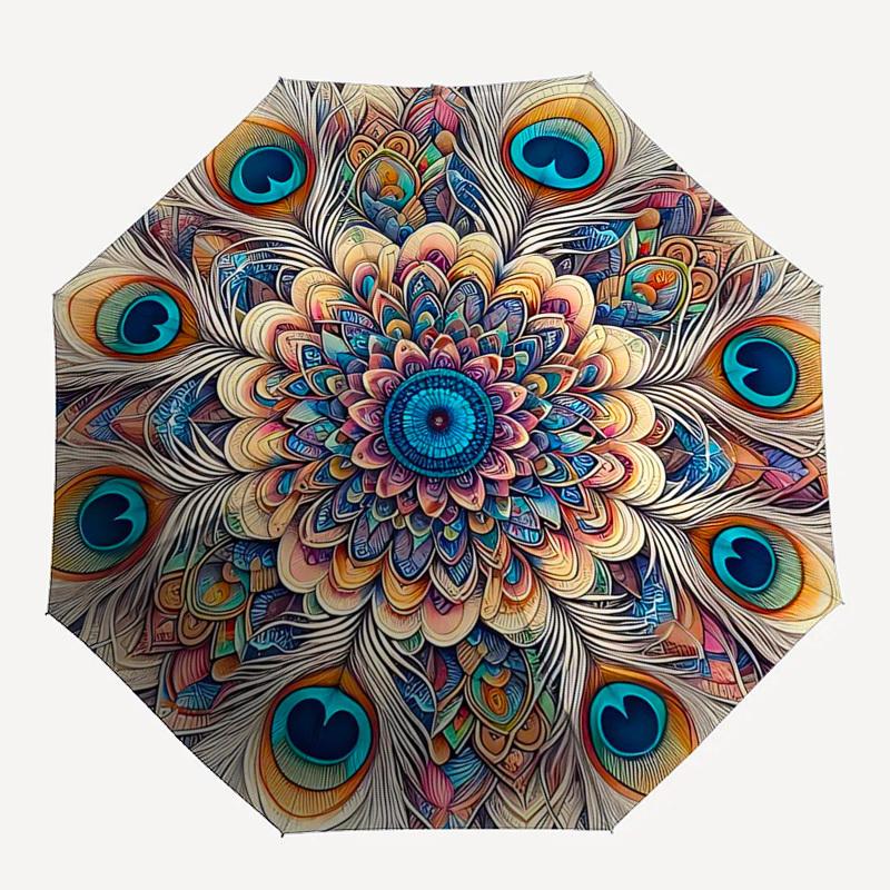 1pc Peacock Feather Mandala Automatic Folding Umbrella - Portable 3-Fold Design, 8-Bone Iron Frame Outdoor Umbrella, Ideal Gift for Fans, Travelers, D