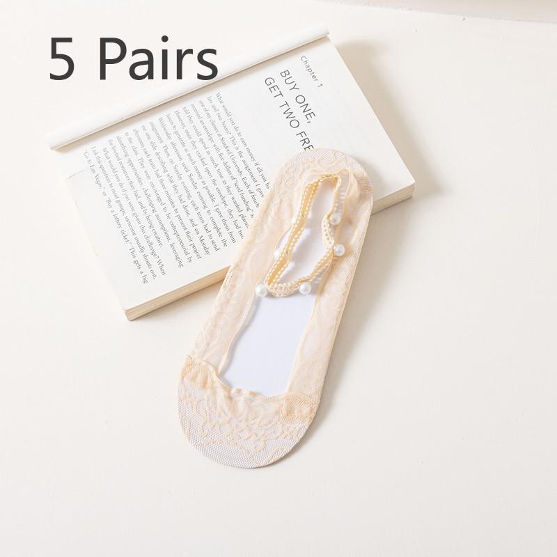 

5 пар женских летних тонких кружевных носков-лодочек с жемчужным кружевом 5 Pairs телесный