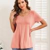 Women’s Shirts Round-neck Short Sleeves Loose Tops Pullover Pleated Stripes T-shirts Solid Color Summer Spring Casual Wear