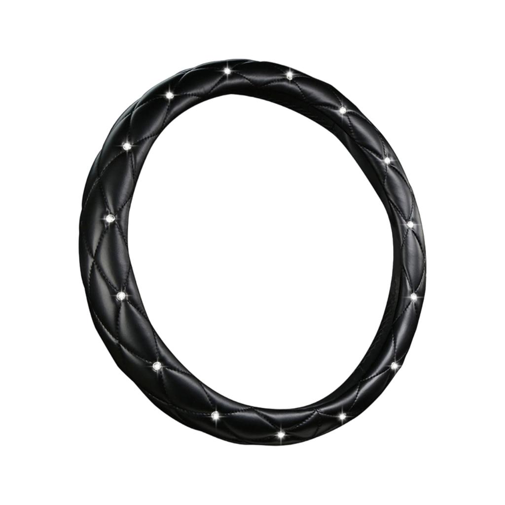 Leather Steering Wheel Cover with Glittering Rhinestones Easy To Clean and Maintain for 14.5-15inch Vehicle
