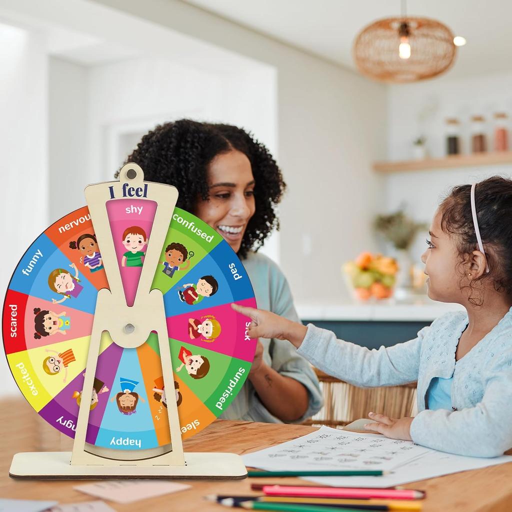 2Pcs Wooden Feelings Wheel Emotion Wheel with Stand 9.5Inch Therapy Office Desk Decor Expression Emotions Chart Mental Health Gifts Therapist Must