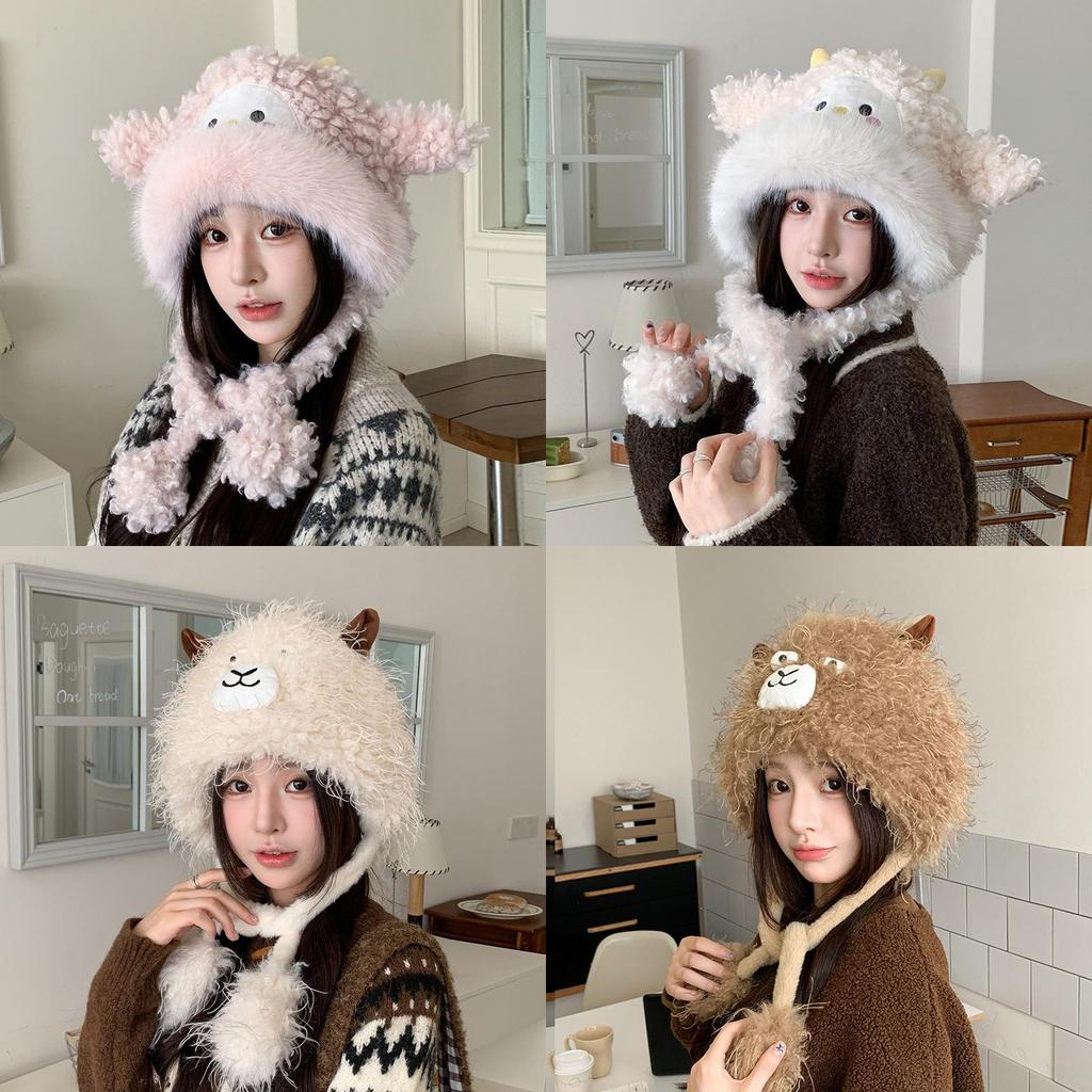 Winter Plush Cartoon Sheep Beanie Hat With Ear Protection For Girls And Kids