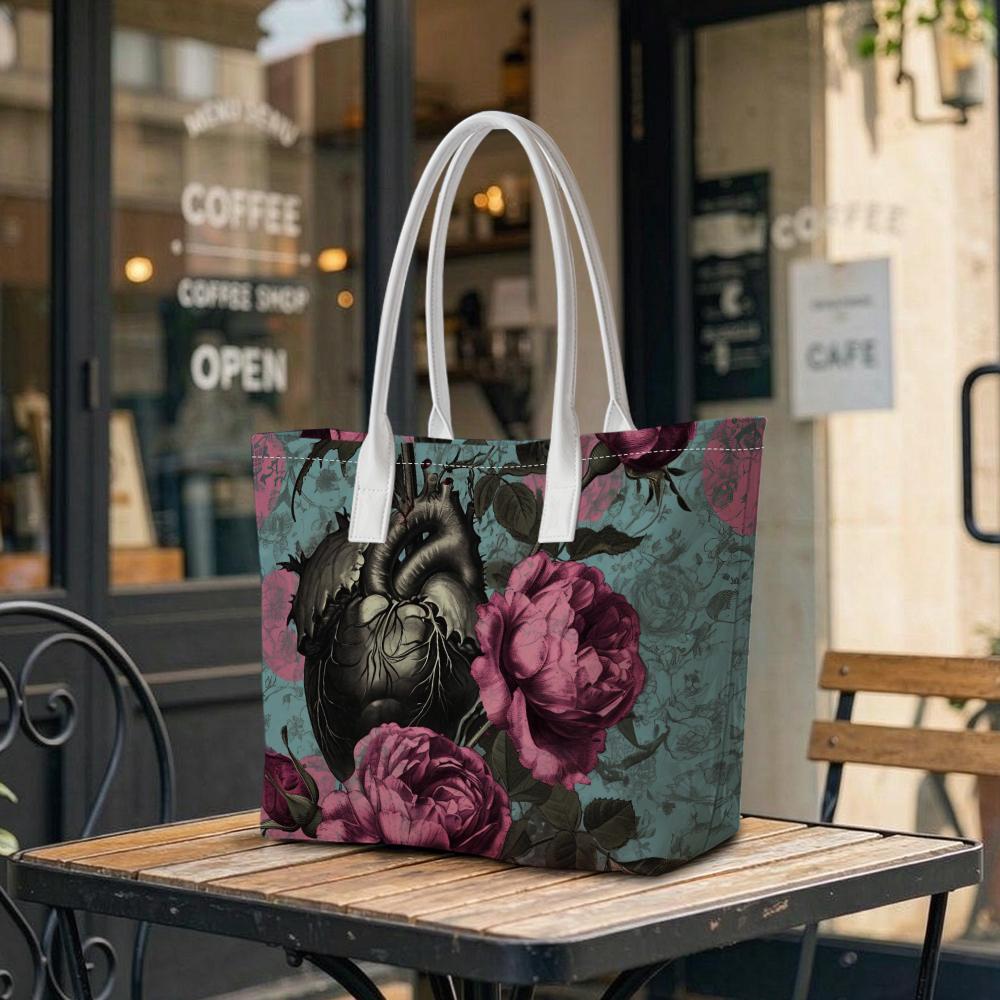 Gothic Heart Rose Print Tote Bag Fashion Daily Carry Handbag Unique Design Shoulder Bag