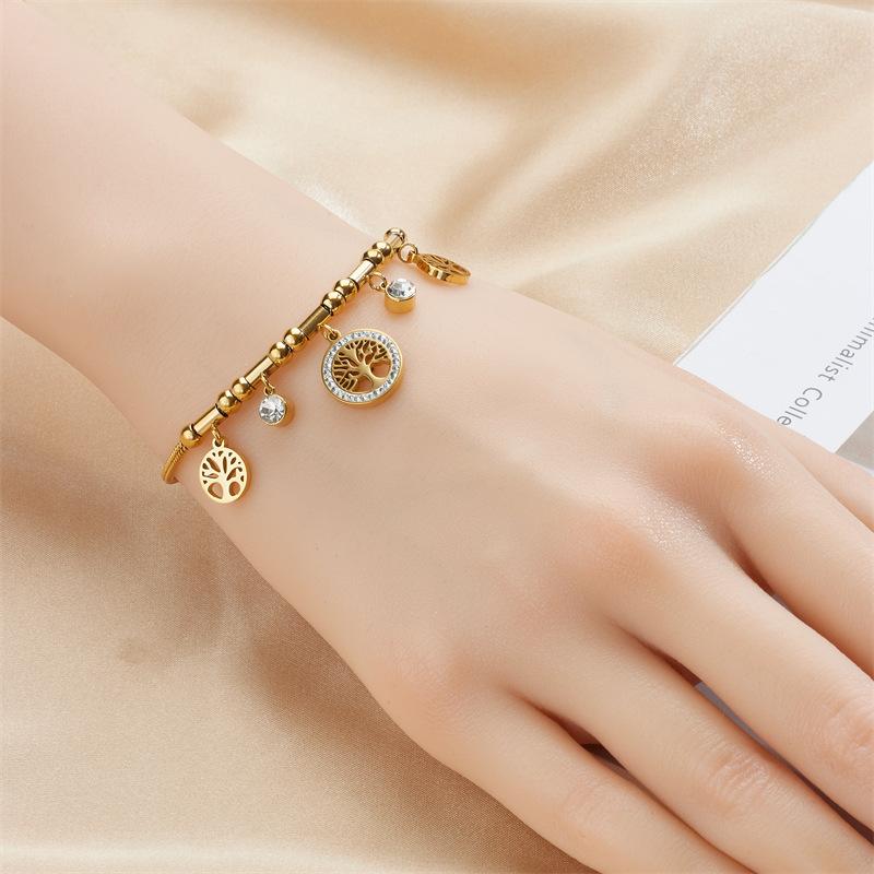 316L Stainless Steel Elegant Gold Color Tree - of - Life Charms Bracelet With Shiny Zircon Stone For Women's Daily Wear