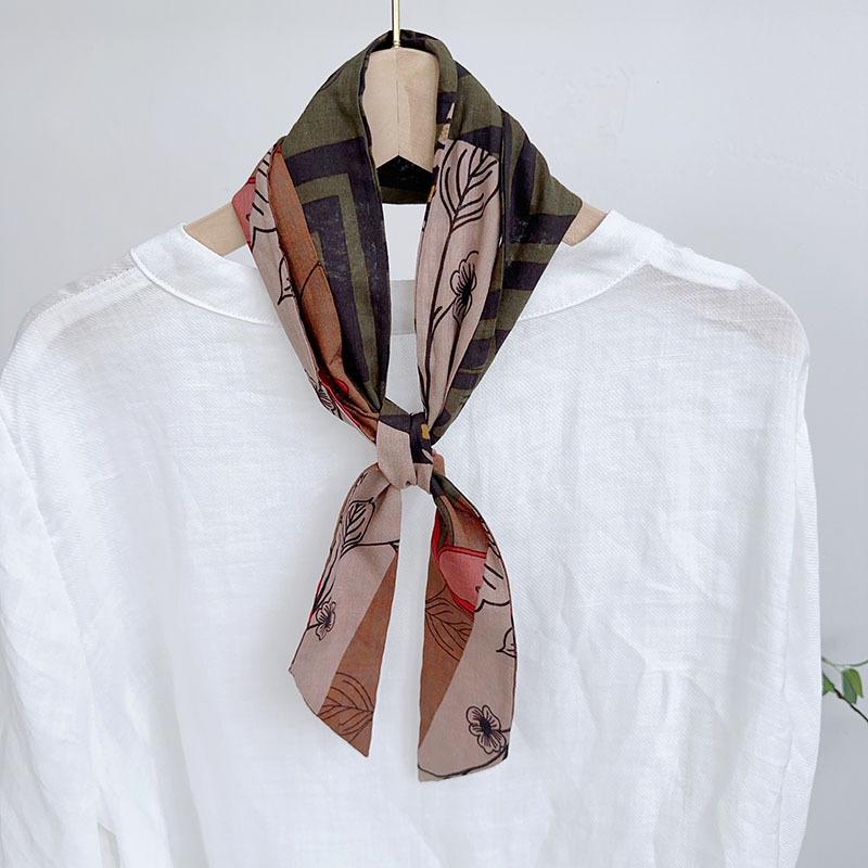 Spring Summer Floral Print Cotton Skinny Scarf Women Soft Neckerchief Hairband Lady Headband Bagscarf Female Neck Ties