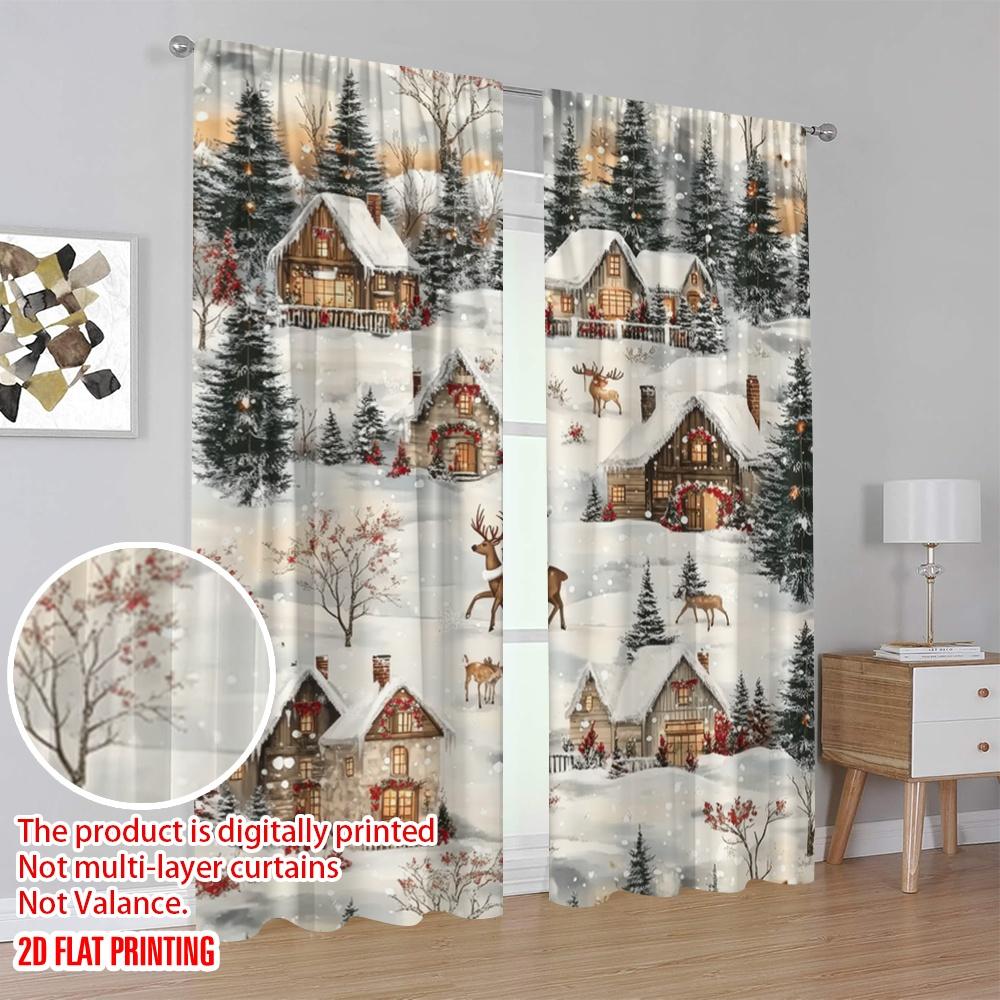 2pcs,2D Plane Printing Popular Curtain Panels Winter Wonderland(1) Polyester Fabric (without Rod) Room Decor Ldeal for Various
