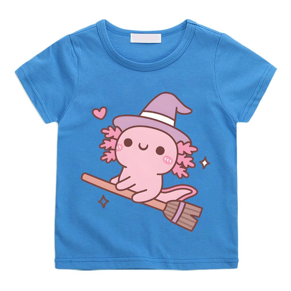 2026 New Style Cute Axolotl Witch Flying on A Broom T-shirts Boys Girls Children T Shirt Graphic Printing Tshirt