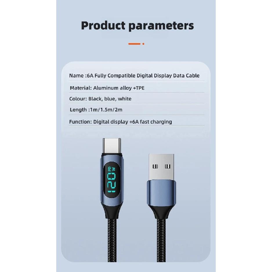 120W USB A To Type C LED Digital Display Fast Charging Data Cable Nylon Braided USB Charge Cord Type C To Type C PD 6A USB Cord