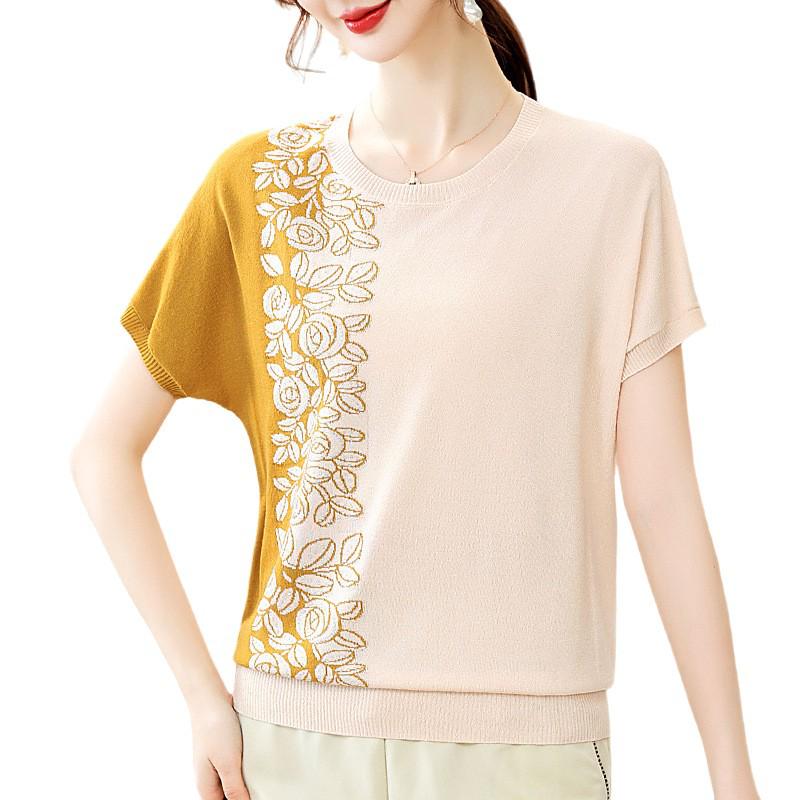 Mid-Age Women's Color Block Ice Silk Batwing Sleeve Loose Knit Top