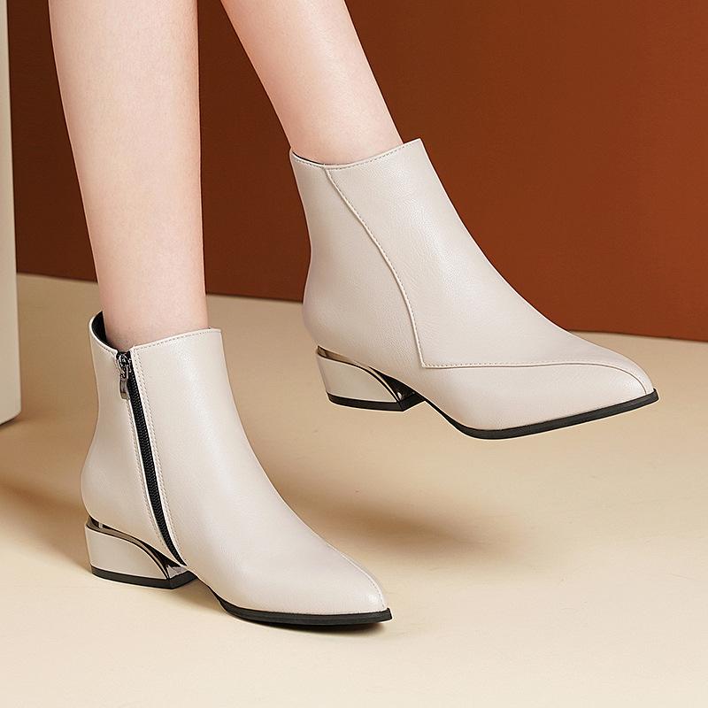 Short boots women's new autumn pointed middle heel warm and ankle leather boots 35-41