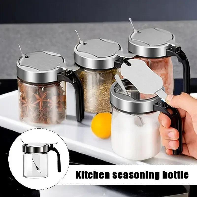 300ml Glass Seasoning Jar Stainless Steel Lid With Spoon Condiment Bottle Salt Shaker Kitchen Supplies Storage Set Spice Boxes Y