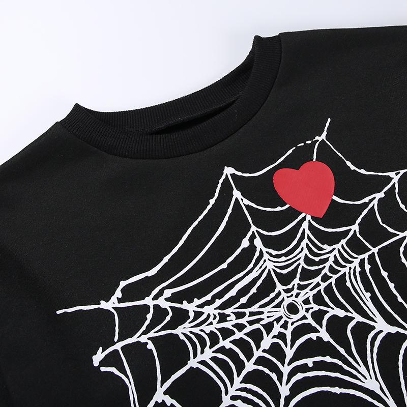 Gothic Halloween Cobweb Print Black T Shirt O Neck Long Sleeve Sexy Cropped Tops Punk Loose Autumn T-shirt