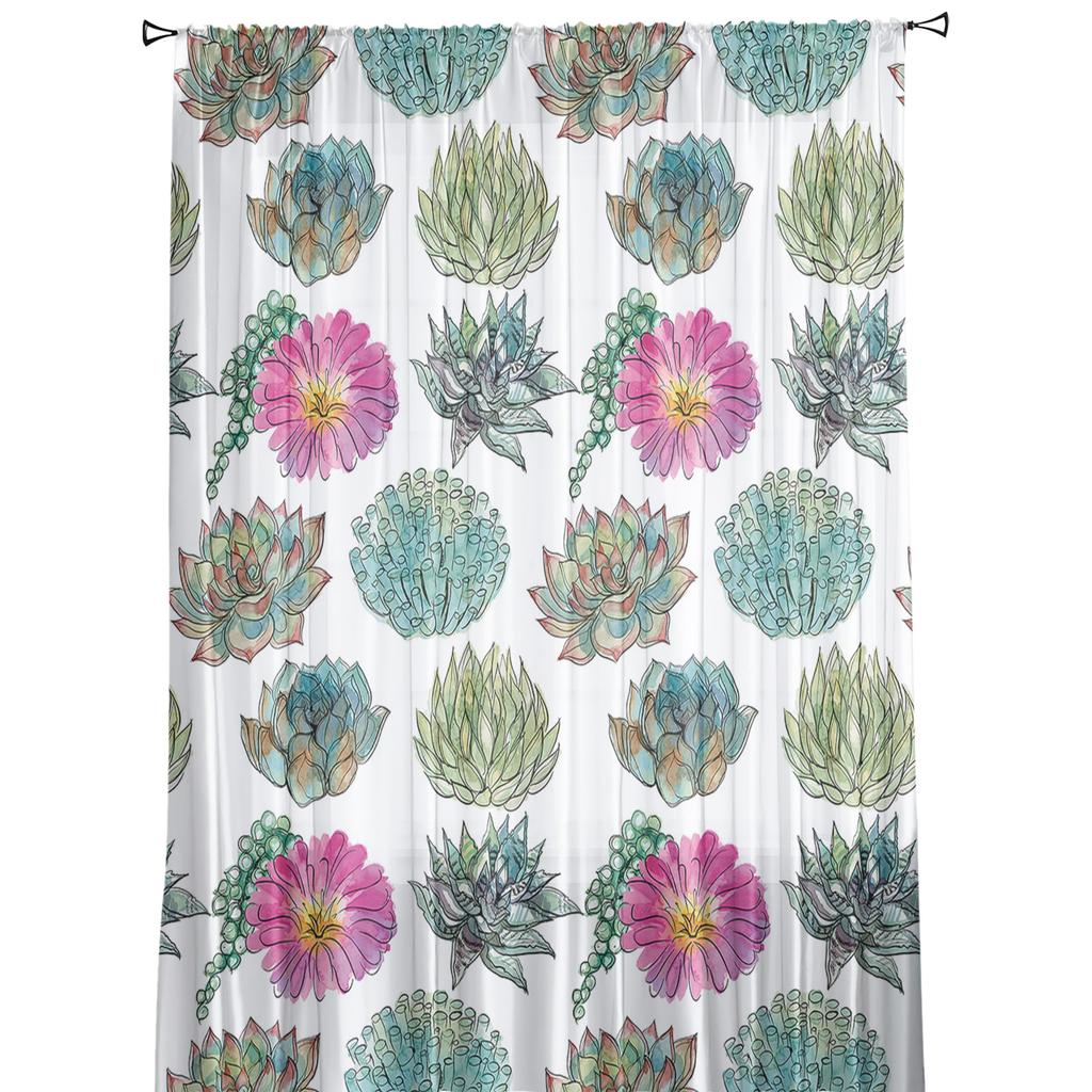 Plant Watercolor Succulent Window Treatment Tulle Modern Sheer Curtains for Kitchen Living Room the Bedroom Curtains Decoration