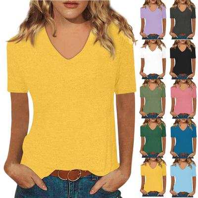 Women's Short-sleeved T-shirt V-neck Solid Color Top