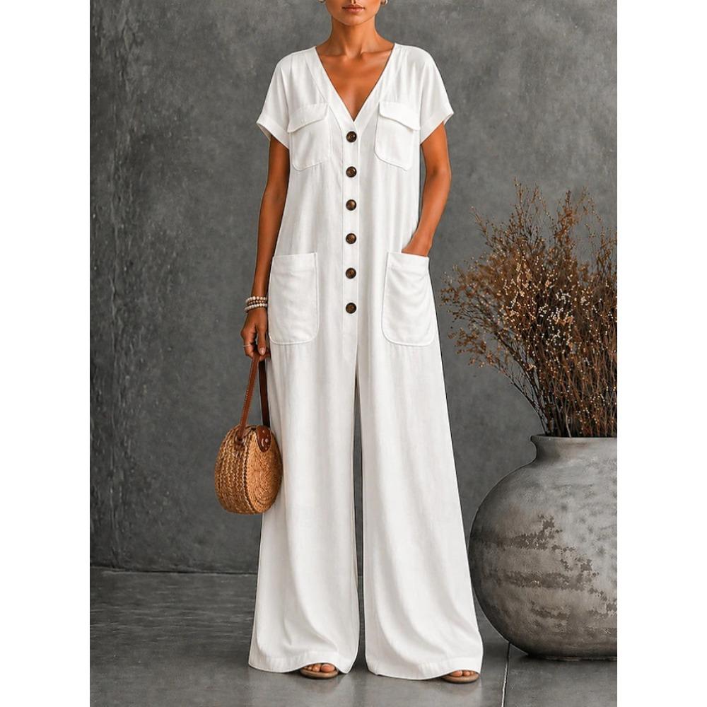 Women s V Neck Short Sleeve Jumpsuit Loose Fit Relax Waist Solid Casual Jumpsuit S