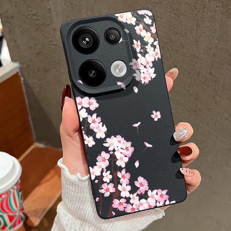 Rosa Pfirsichblüten Blumenmuster Hülle Für Xiaomi 14T 13T 11T Pro Funda Redmi Note 14 13 12 11 Pro 5G 4G Lederstruktur Silikonabdeckung