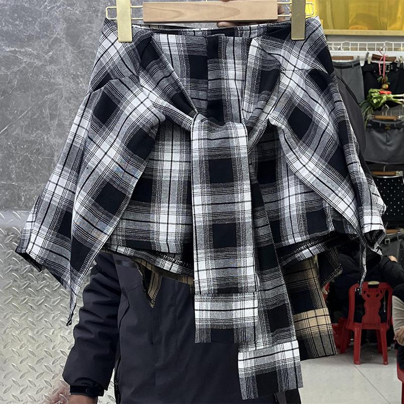 Stylish 2025 Women's Plaid Midi Skirt: Tie-Up, Irregular Hem, High Waist, Slimming Design