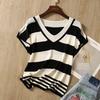 Women Clothing Fashion Patchwork V-neck Knit T-shirt Summer Casual Loose All-match Short Sleeve Pullover Office Lady Thin Tops